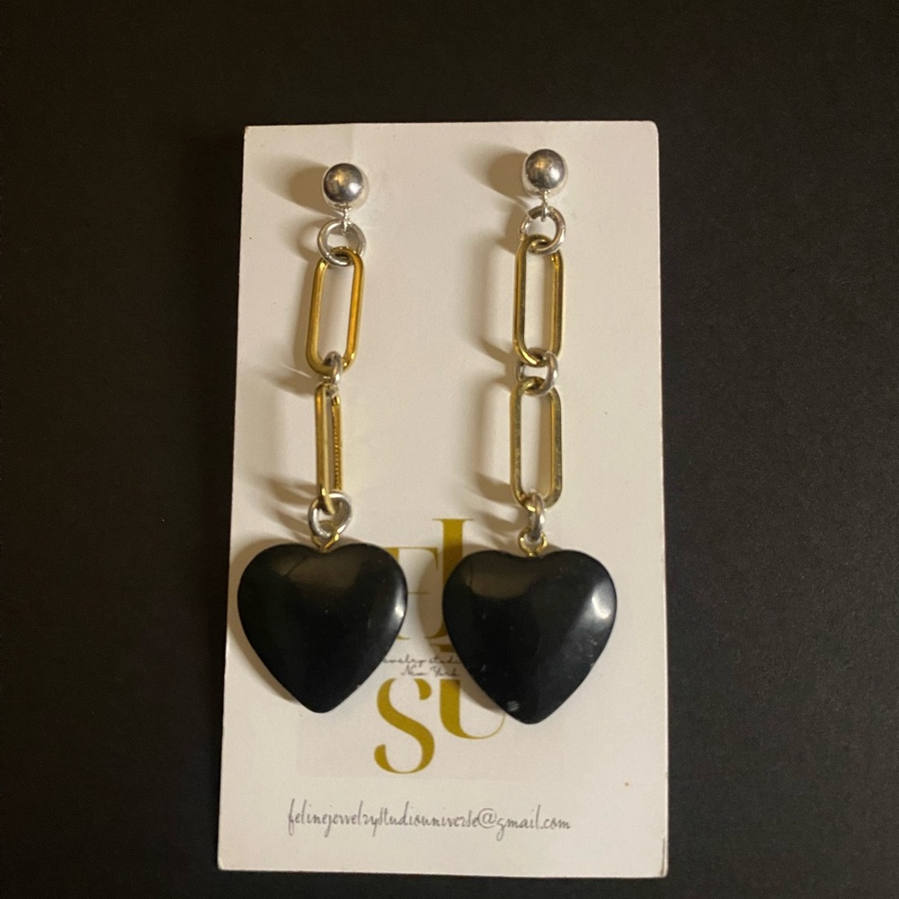 Hand crafted Titanium Gold + Sterling Silver Black Heart Chain Earrings